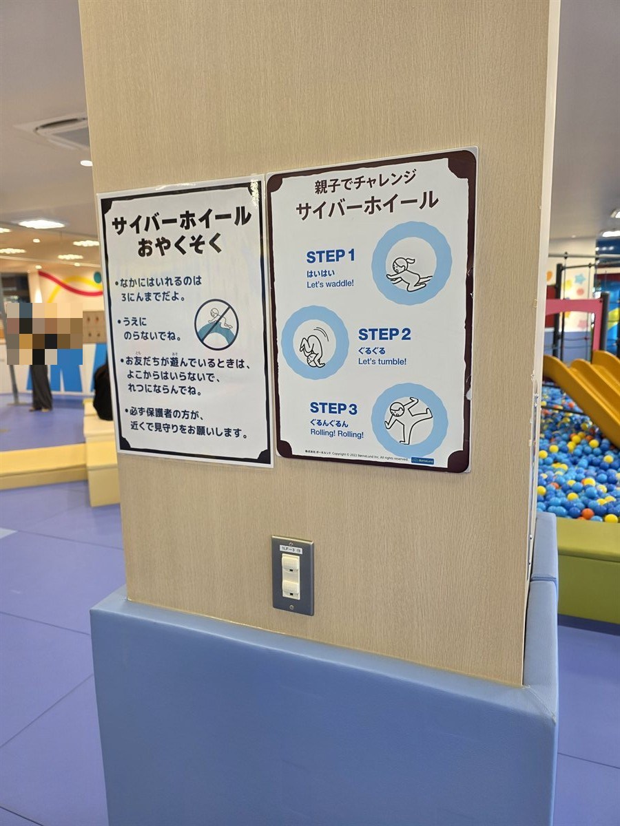 サイバーホイールの利用ルール案内板。周囲の人物の顔部分にはモザイク加工済み