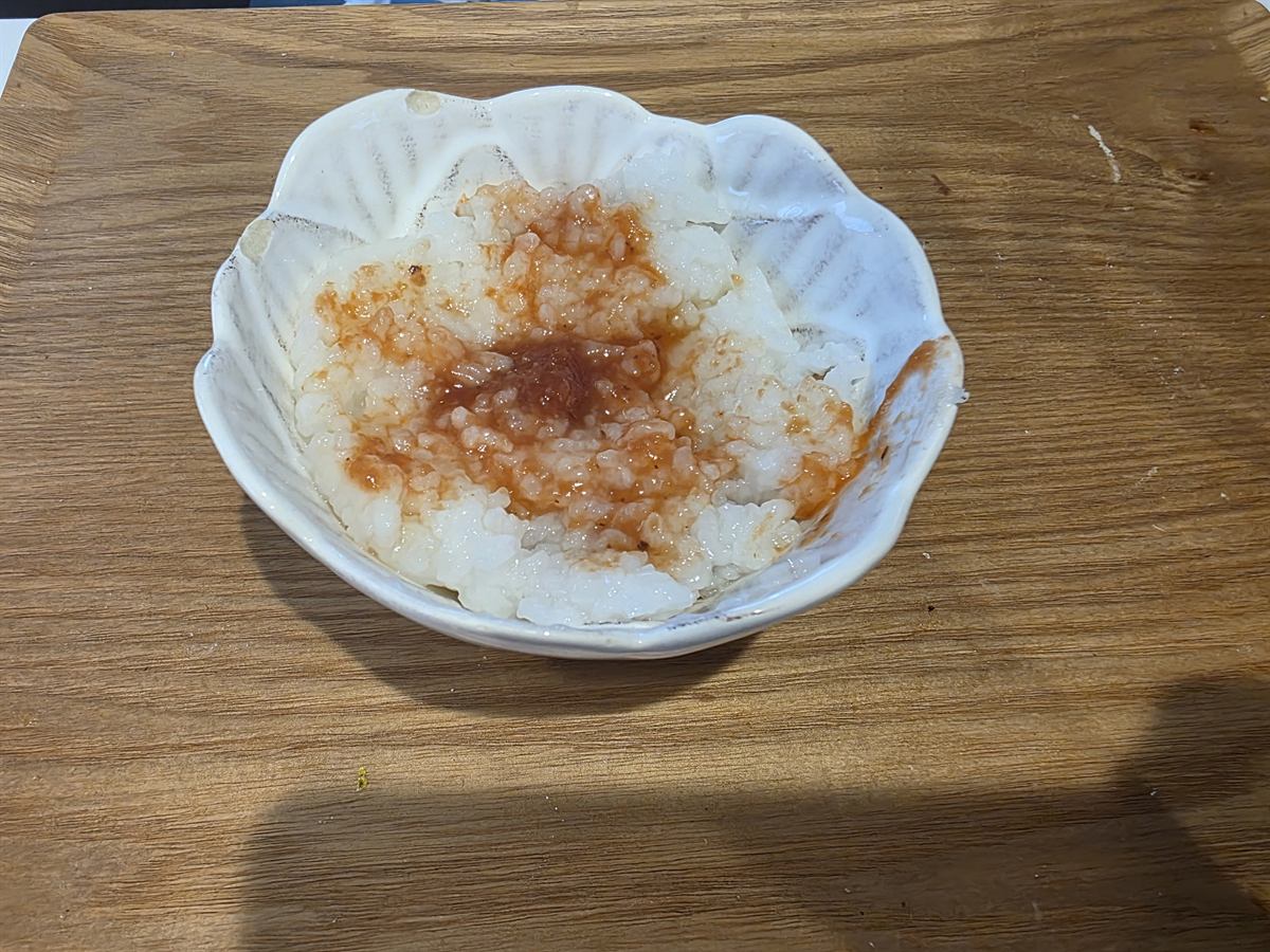 おかゆにバランスキューブを混ぜてレンジで解凍した状態