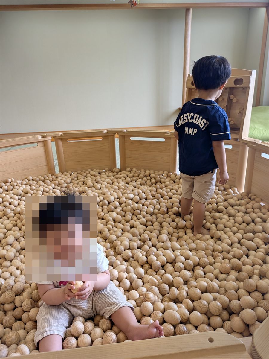 木のボールプールで遊ぶ様子。子どもの顔部分にはモザイク加工済み